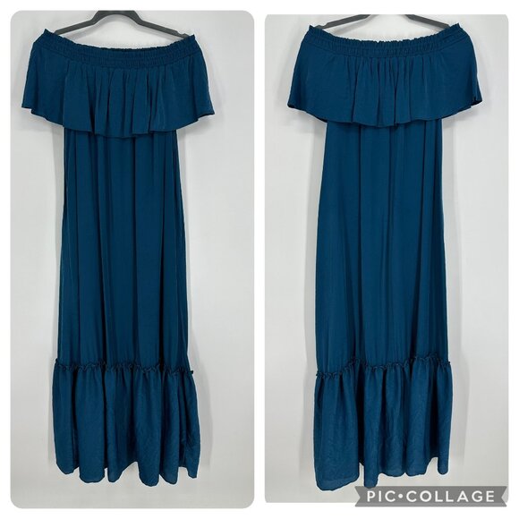 3/$25 LOFT Beach Maxi Dress S Off Shoulder Tiered Silky Flowy Ruffle Teal Long - Picture 2 of 8